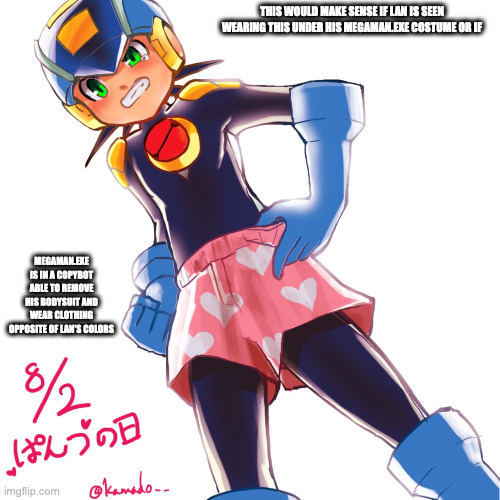 MegaMan.EXE With Underwear On | THIS WOULD MAKE SENSE IF LAN IS SEEN WEARING THIS UNDER HIS MEGAMAN.EXE COSTUME OR IF; MEGAMAN.EXE IS IN A COPYBOT ABLE TO REMOVE HIS BODYSUIT AND WEAR CLOTHING OPPOSITE OF LAN'S COLORS | image tagged in megamanexe,megaman battle network,megaman,memes | made w/ Imgflip meme maker