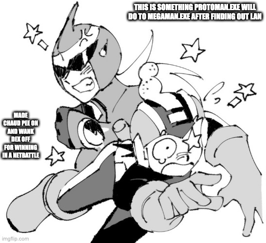 ProtoMan.EXE Punching MegaMan.EXE's Head | THIS IS SOMETHING PROTOMAN.EXE WILL DO TO MEGAMAN.EXE AFTER FINDING OUT LAN; MADE CHAUD PEE ON AND WANK DEX OFF FOR WINNING IN A NETBATTLE | image tagged in memes,protomanexe,megamanexe,megaman,megaman battle network | made w/ Imgflip meme maker