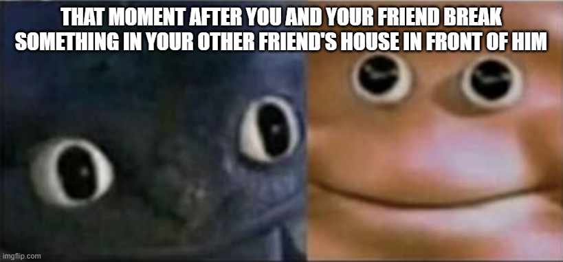 Broke | THAT MOMENT AFTER YOU AND YOUR FRIEND BREAK SOMETHING IN YOUR OTHER FRIEND'S HOUSE IN FRONT OF HIM | image tagged in blank stare dragon | made w/ Imgflip meme maker