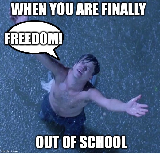 Shawshank redemption freedom | WHEN YOU ARE FINALLY; FREEDOM! OUT OF SCHOOL | image tagged in shawshank redemption freedom | made w/ Imgflip meme maker