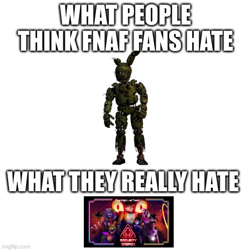 fnaf | WHAT PEOPLE THINK FNAF FANS HATE; WHAT THEY REALLY HATE | image tagged in memes,blank transparent square | made w/ Imgflip meme maker