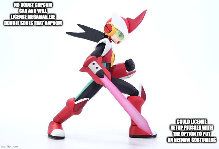 MegaMan.EXE ProtoMan Double Soul Model Kit | NO DOUBT CAPCOM CAN AND WILL LICENSE MEGAMAN.EXE DOUBLE SOULS THAT CAPCOM; COULD LICENSE NETOP PLUSHES WITH THE OPTION TO PUT ON NETNAVI COSTUMERS | image tagged in megaman,megaman battle network,megamanexe,memes | made w/ Imgflip meme maker