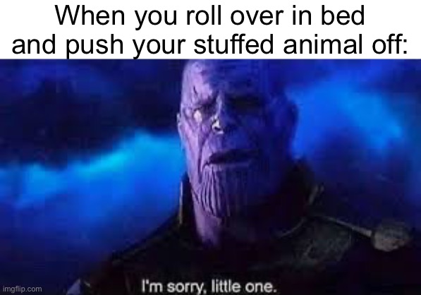 :( | When you roll over in bed and push your stuffed animal off: | image tagged in i m sorry little one | made w/ Imgflip meme maker