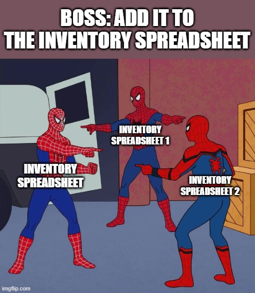 Spider Man Triple | BOSS: ADD IT TO THE INVENTORY SPREADSHEET; INVENTORY SPREADSHEET 1; INVENTORY SPREADSHEET; INVENTORY SPREADSHEET 2 | image tagged in spider man triple | made w/ Imgflip meme maker