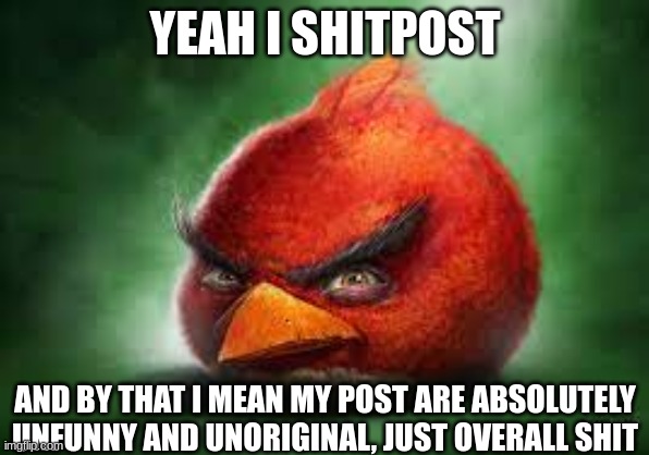 get real | YEAH I SHITPOST; AND BY THAT I MEAN MY POST ARE ABSOLUTELY UNFUNNY AND UNORIGINAL, JUST OVERALL SHIT | image tagged in realistic red angry birds,silly,ger | made w/ Imgflip meme maker