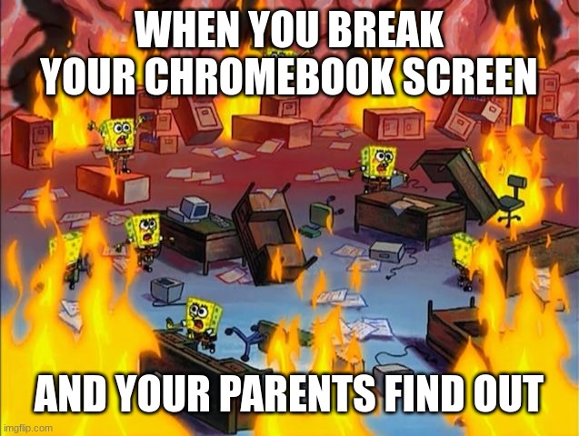 This happened to me last week | WHEN YOU BREAK YOUR CHROMEBOOK SCREEN; AND YOUR PARENTS FIND OUT | image tagged in spongebob fire | made w/ Imgflip meme maker