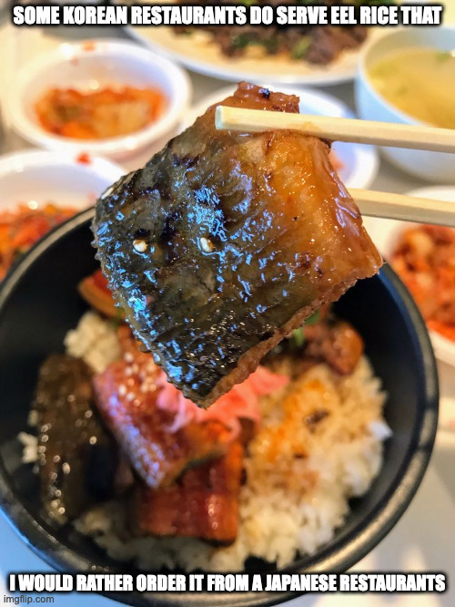 Korean Food Court Eel Rice | SOME KOREAN RESTAURANTS DO SERVE EEL RICE THAT; I WOULD RATHER ORDER IT FROM A JAPANESE RESTAURANTS | image tagged in food,memes | made w/ Imgflip meme maker