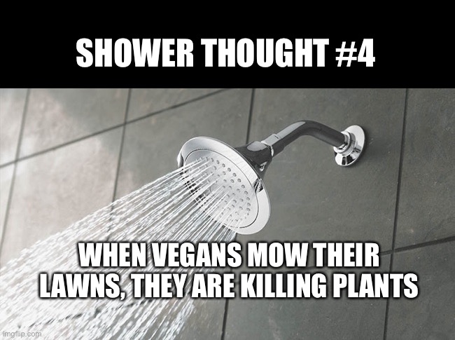Shower Thought #4 | SHOWER THOUGHT #4; WHEN VEGANS MOW THEIR LAWNS, THEY ARE KILLING PLANTS | image tagged in shower thoughts | made w/ Imgflip meme maker