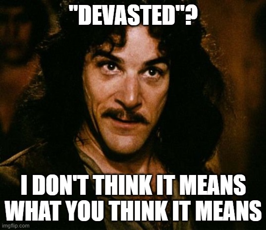 You keep using that word | "DEVASTED"? I DON'T THINK IT MEANS WHAT YOU THINK IT MEANS | image tagged in you keep using that word | made w/ Imgflip meme maker