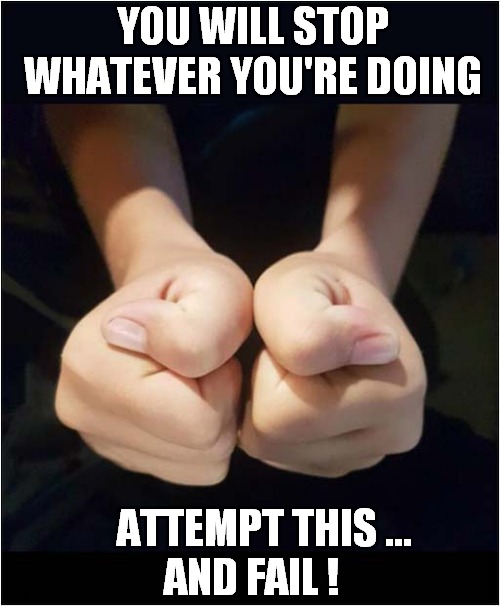 Do Try This At Home ! | YOU WILL STOP WHATEVER YOU'RE DOING; ATTEMPT THIS ...
AND FAIL ! | image tagged in hands,thumbs,challenge | made w/ Imgflip meme maker