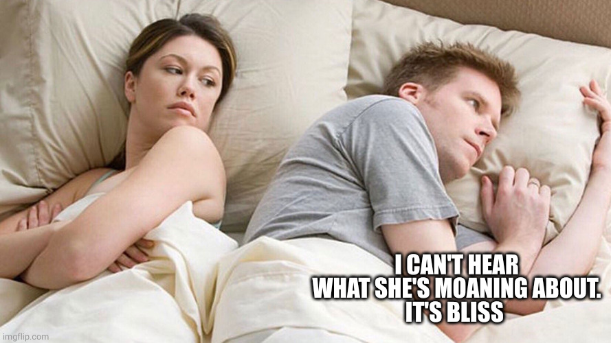 couple in bed | I CAN'T HEAR WHAT SHE'S MOANING ABOUT.
IT'S BLISS | image tagged in couple in bed | made w/ Imgflip meme maker
