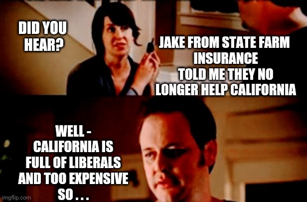 State Farm says Bye... | DID YOU 
HEAR? JAKE FROM STATE FARM 
INSURANCE TOLD ME THEY NO LONGER HELP CALIFORNIA; WELL -
CALIFORNIA IS FULL OF LIBERALS AND TOO EXPENSIVE
SO . . . | image tagged in leftists,liberals,insurance,democrats,california | made w/ Imgflip meme maker