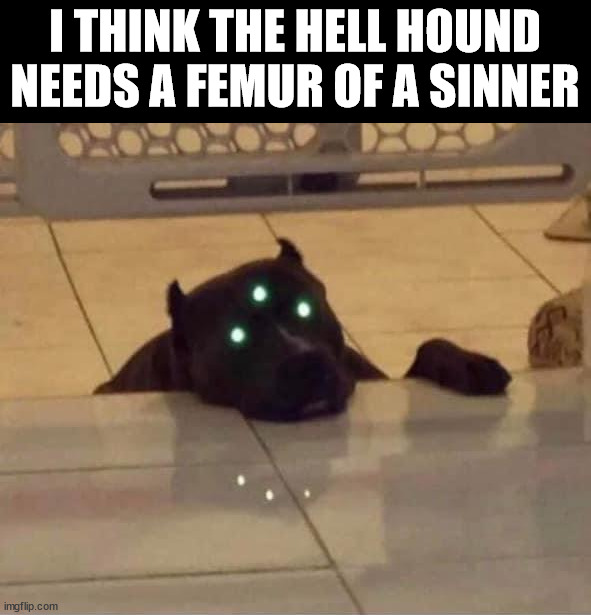 I THINK THE HELL HOUND NEEDS A FEMUR OF A SINNER | image tagged in cursed image | made w/ Imgflip meme maker