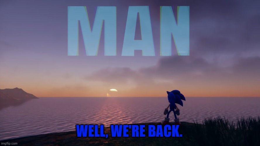 WE LIVE | WELL, WE'RE BACK. | image tagged in man sonic,imgflip | made w/ Imgflip meme maker