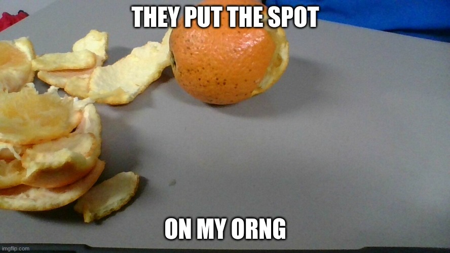 They put the spots on my orng | THEY PUT THE SPOT; ON MY ORNG | image tagged in i hate blue shirt people | made w/ Imgflip meme maker