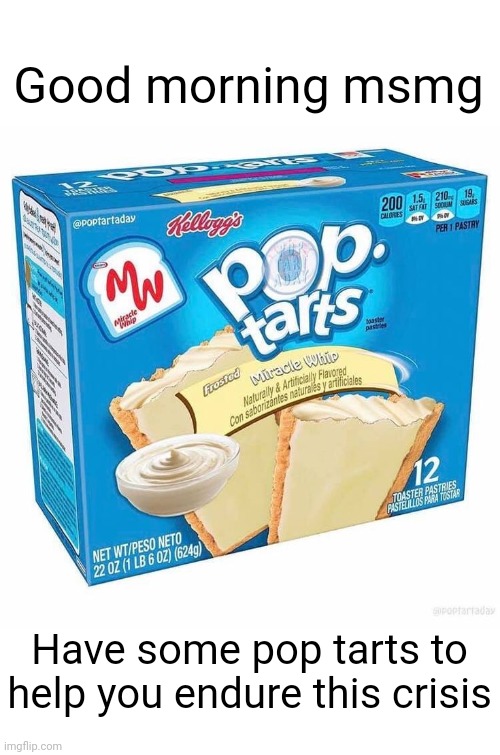Meme #1,621 | Good morning msmg; Have some pop tarts to help you endure this crisis | image tagged in msmg,breakfast,pop tarts,good morning,eat it,memes | made w/ Imgflip meme maker