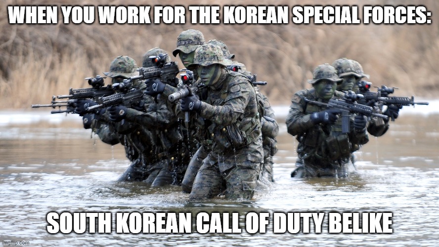 South Korean COD Belike | WHEN YOU WORK FOR THE KOREAN SPECIAL FORCES:; SOUTH KOREAN CALL OF DUTY BELIKE | image tagged in memes,video games,call of duty,south korea,military,idk | made w/ Imgflip meme maker