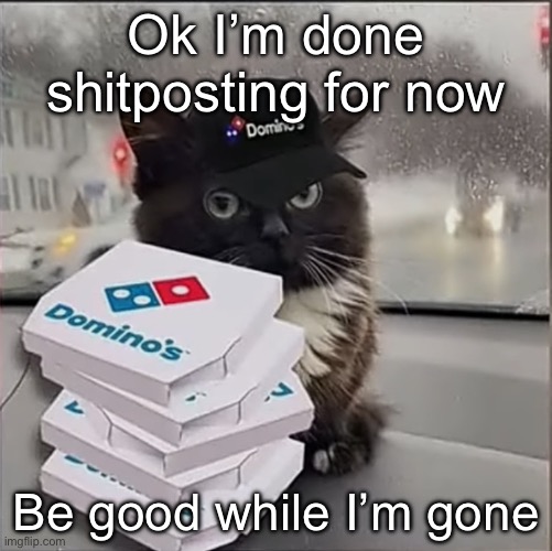 dominos cat | Ok I’m done shitposting for now; Be good while I’m gone | image tagged in dominos cat | made w/ Imgflip meme maker