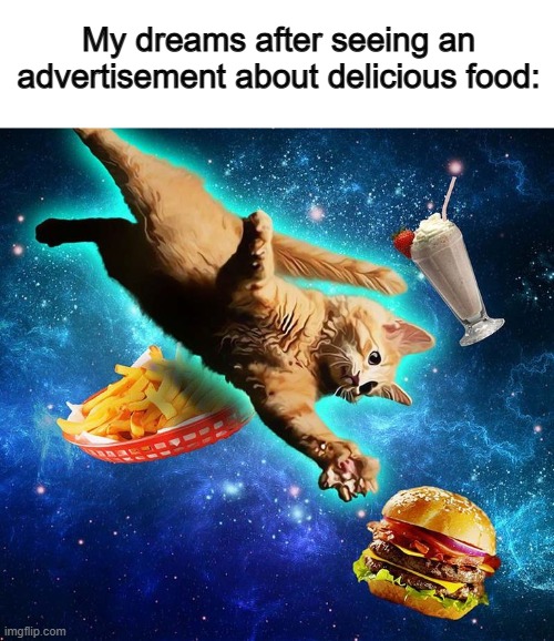 Advertisements aren't very good for getting people to buy from the business, yet they're so food at making us crave food ^-^ | My dreams after seeing an advertisement about delicious food: | image tagged in cats | made w/ Imgflip meme maker