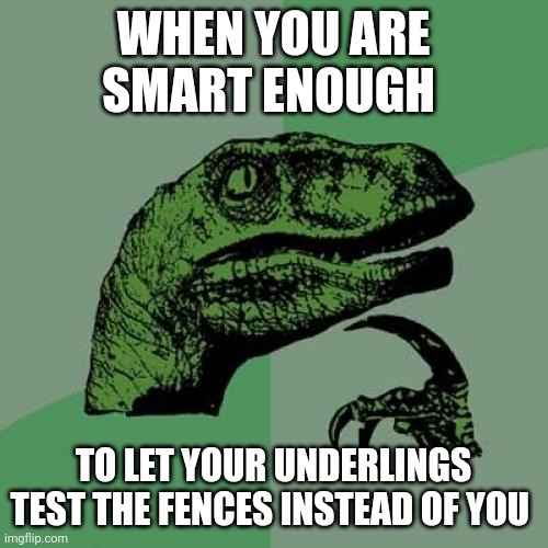 Very clever girl | WHEN YOU ARE SMART ENOUGH; TO LET YOUR UNDERLINGS TEST THE FENCES INSTEAD OF YOU | image tagged in memes,philosoraptor | made w/ Imgflip meme maker
