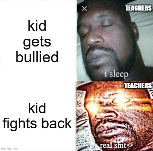 I hope this is not repost. It is experience for me. | kid gets bullied; TEACHERS; TEACHERS; kid fights back | image tagged in memes,sleeping shaq | made w/ Imgflip meme maker