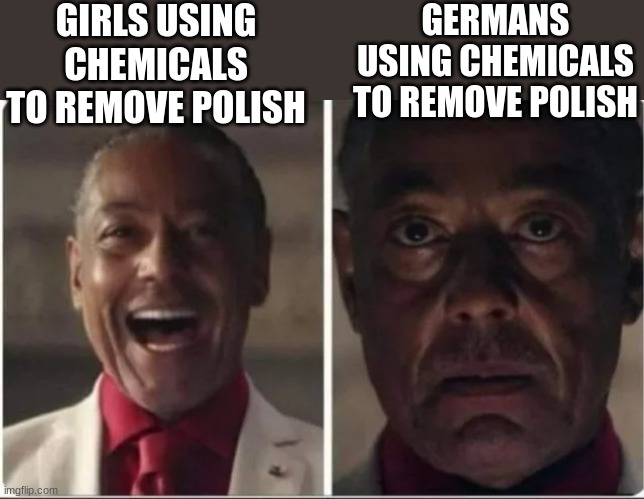We do a little racially motivated genocide | GIRLS USING CHEMICALS TO REMOVE POLISH; GERMANS USING CHEMICALS TO REMOVE POLISH | image tagged in giancarlo esposito,ww2,nazi,world war 2,history | made w/ Imgflip meme maker