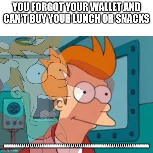 fry | YOU FORGOT YOUR WALLET AND CAN'T BUY YOUR LUNCH OR SNACKS; AAAAAAAAAAAAAAAAAAAAAAAAAAAAAAAAAAAAAAAAAAAAAAAAAAAAAAAAAAAAAAAAAAAAAAAAAA | image tagged in fry | made w/ Imgflip meme maker