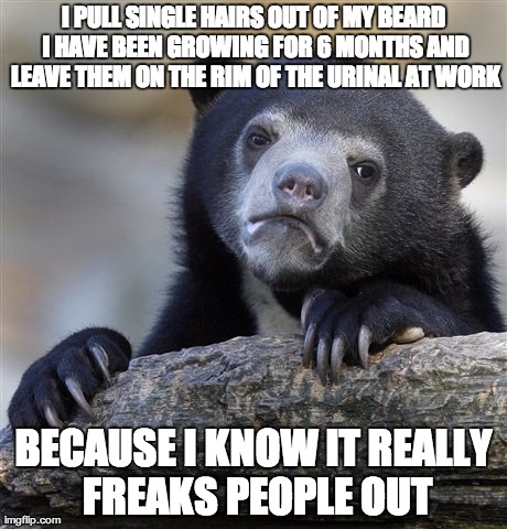 Confession Bear Meme | I PULL SINGLE HAIRS OUT OF MY BEARD I HAVE BEEN GROWING FOR 6 MONTHS AND LEAVE THEM ON THE RIM OF THE URINAL AT WORK BECAUSE I KNOW IT REALL | image tagged in memes,confession bear,AdviceAnimals | made w/ Imgflip meme maker