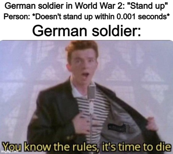 I believe this is accurate, based on a WWII movie... | German soldier in World War 2: "Stand up"; Person: *Doesn't stand up within 0.001 seconds*; German soldier: | image tagged in you know the rules its time to die | made w/ Imgflip meme maker