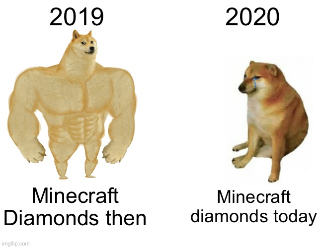 Minecraft diamonds: then and now | 2019; 2020; Minecraft Diamonds then; Minecraft diamonds today | image tagged in memes,buff doge vs cheems | made w/ Imgflip meme maker