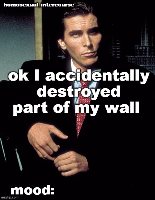 Homosexual_Intercourse announcement temp | ok I accidentally destroyed part of my wall | image tagged in homosexual_intercourse announcement temp | made w/ Imgflip meme maker