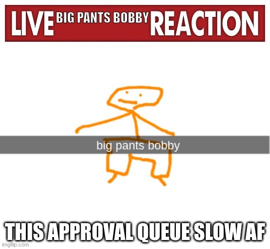 live bpb reaction | THIS APPROVAL QUEUE SLOW AF | image tagged in live bpb reaction | made w/ Imgflip meme maker