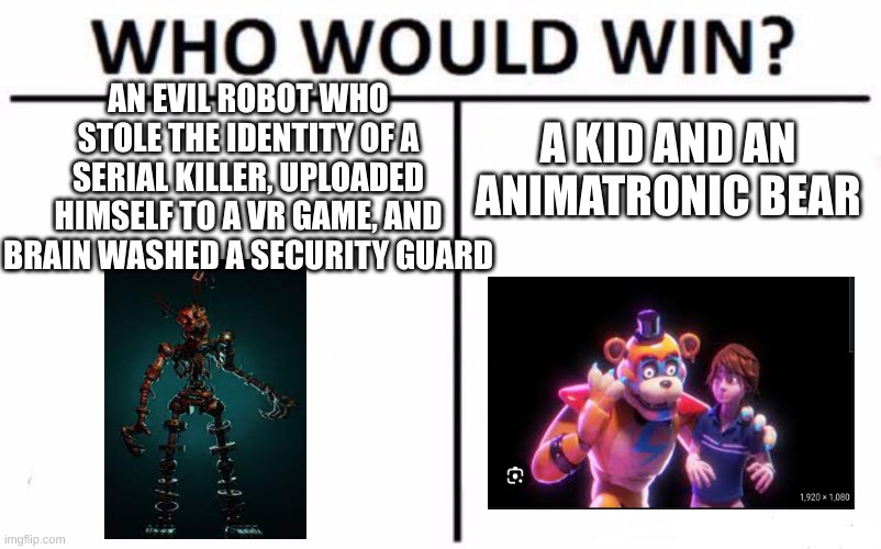 gregory beat up 3 robots and burned the pizza plex to the ground, i think he can handle the real william afton | AN EVIL ROBOT WHO STOLE THE IDENTITY OF A SERIAL KILLER, UPLOADED HIMSELF TO A VR GAME, AND BRAIN WASHED A SECURITY GUARD; A KID AND AN ANIMATRONIC BEAR | image tagged in memes,who would win,fnaf,horror,gaming | made w/ Imgflip meme maker
