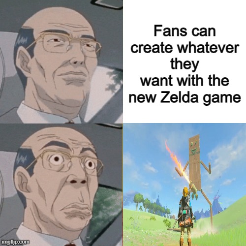 not the best idea tho | Fans can create whatever they want with the new Zelda game | image tagged in surprised anime guy,the legend of zelda breath of the wild,the legend of zelda,nintendo,nintendo switch,memes | made w/ Imgflip meme maker
