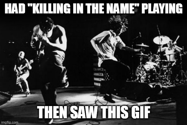 HAD "KILLING IN THE NAME" PLAYING THEN SAW THIS GIF | image tagged in rage against the machine | made w/ Imgflip meme maker