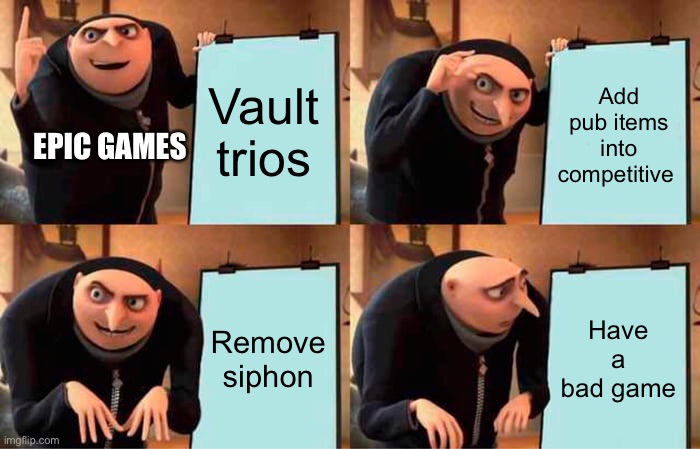 Epic whyyy | Vault trios; Add pub items into competitive; EPIC GAMES; Remove siphon; Have a bad game | image tagged in memes,gru's plan,fortnite | made w/ Imgflip meme maker