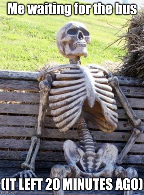 Man I'm dead | Me waiting for the bus; (IT LEFT 20 MINUTES AGO) | image tagged in memes,waiting skeleton | made w/ Imgflip meme maker