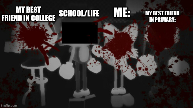 Sonic and his dead friends | MY BEST FRIEND IN PRIMARY:; SCHOOL/LIFE; MY BEST FRIEND IN COLLEGE; ME: | image tagged in sonic and his dead friends | made w/ Imgflip meme maker