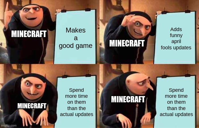 Gru's Plan Meme | Makes a good game; Adds funny april fools updates; MINECRAFT; MINECRAFT; Spend more time on them than the actual updates; Spend more time on them than the actual updates; MINECRAFT; MINECRAFT | image tagged in memes,gru's plan | made w/ Imgflip meme maker