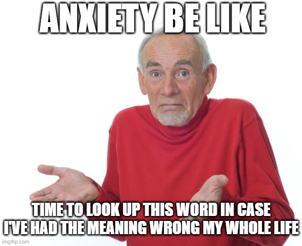Anxiety Be Like | ANXIETY BE LIKE; TIME TO LOOK UP THIS WORD IN CASE I'VE HAD THE MEANING WRONG MY WHOLE LIFE | image tagged in guess i ll die | made w/ Imgflip meme maker
