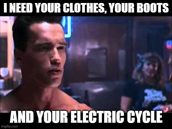 Arnold Schwarzenegger, Former Governor of California, Supports Sustainability | I NEED YOUR CLOTHES, YOUR BOOTS; AND YOUR ELECTRIC CYCLE | image tagged in terminator i need your clothes | made w/ Imgflip meme maker