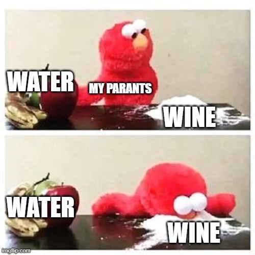 elmo cocaine | WATER; MY PARANTS; WINE; WATER; WINE | image tagged in elmo cocaine | made w/ Imgflip meme maker