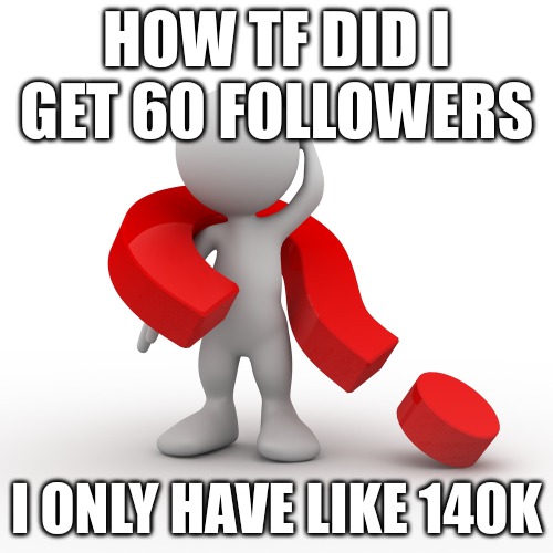 question mark  | HOW TF DID I GET 60 FOLLOWERS; I ONLY HAVE LIKE 140K | image tagged in question mark | made w/ Imgflip meme maker