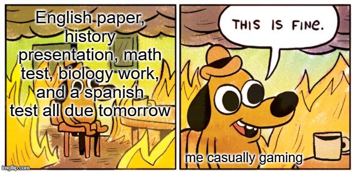 This Is Fine | English paper, history presentation, math test, biology work, and a spanish test all due tomorrow; me casually gaming | image tagged in memes,this is fine | made w/ Imgflip meme maker