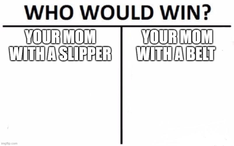 Who Would Win? | YOUR MOM WITH A SLIPPER; YOUR MOM WITH A BELT | image tagged in memes,who would win | made w/ Imgflip meme maker