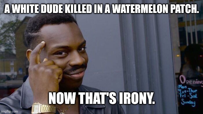 Irony | A WHITE DUDE KILLED IN A WATERMELON PATCH. NOW THAT'S IRONY. | image tagged in memes,roll safe think about it,chucky,funny memes | made w/ Imgflip meme maker