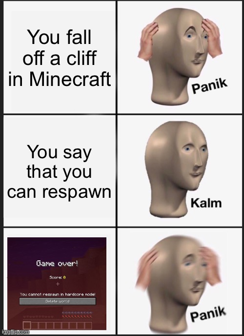 100 Hours went to waste | You fall off a cliff in Minecraft; You say that you can respawn | image tagged in memes,panik kalm panik | made w/ Imgflip meme maker