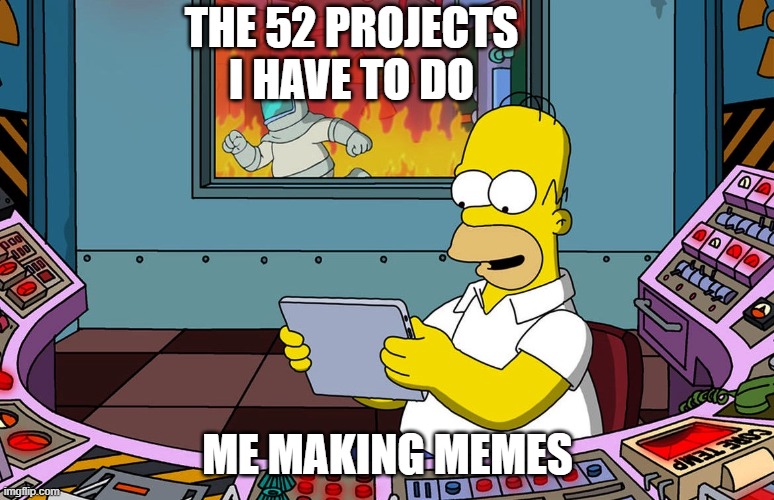 Homer Simpson ignoring fire | THE 52 PROJECTS I HAVE TO DO; ME MAKING MEMES | image tagged in homer simpson ignoring fire | made w/ Imgflip meme maker