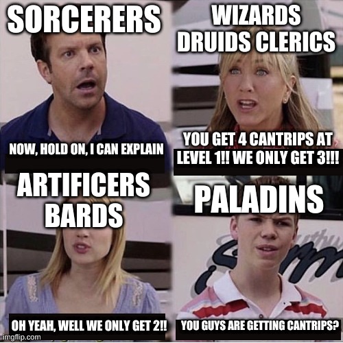 level 1 cantrip count | SORCERERS; WIZARDS
DRUIDS CLERICS; YOU GET 4 CANTRIPS AT LEVEL 1!! WE ONLY GET 3!!! NOW, HOLD ON, I CAN EXPLAIN; PALADINS; ARTIFICERS
BARDS; OH YEAH, WELL WE ONLY GET 2!! YOU GUYS ARE GETTING CANTRIPS? | image tagged in you guys are getting paid template | made w/ Imgflip meme maker