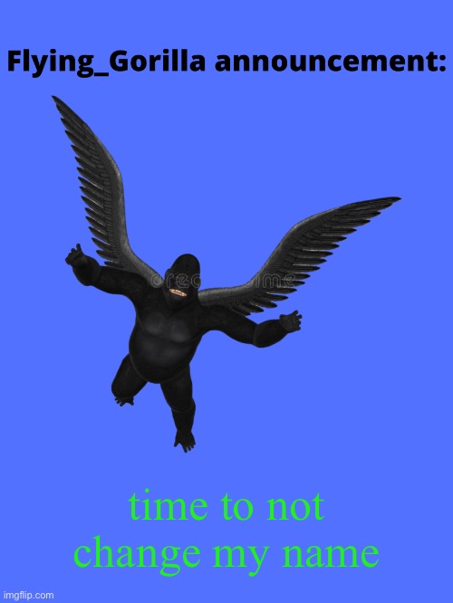 Flying_Gorilla announcement | time to not change my name | image tagged in flying_gorilla announcement | made w/ Imgflip meme maker